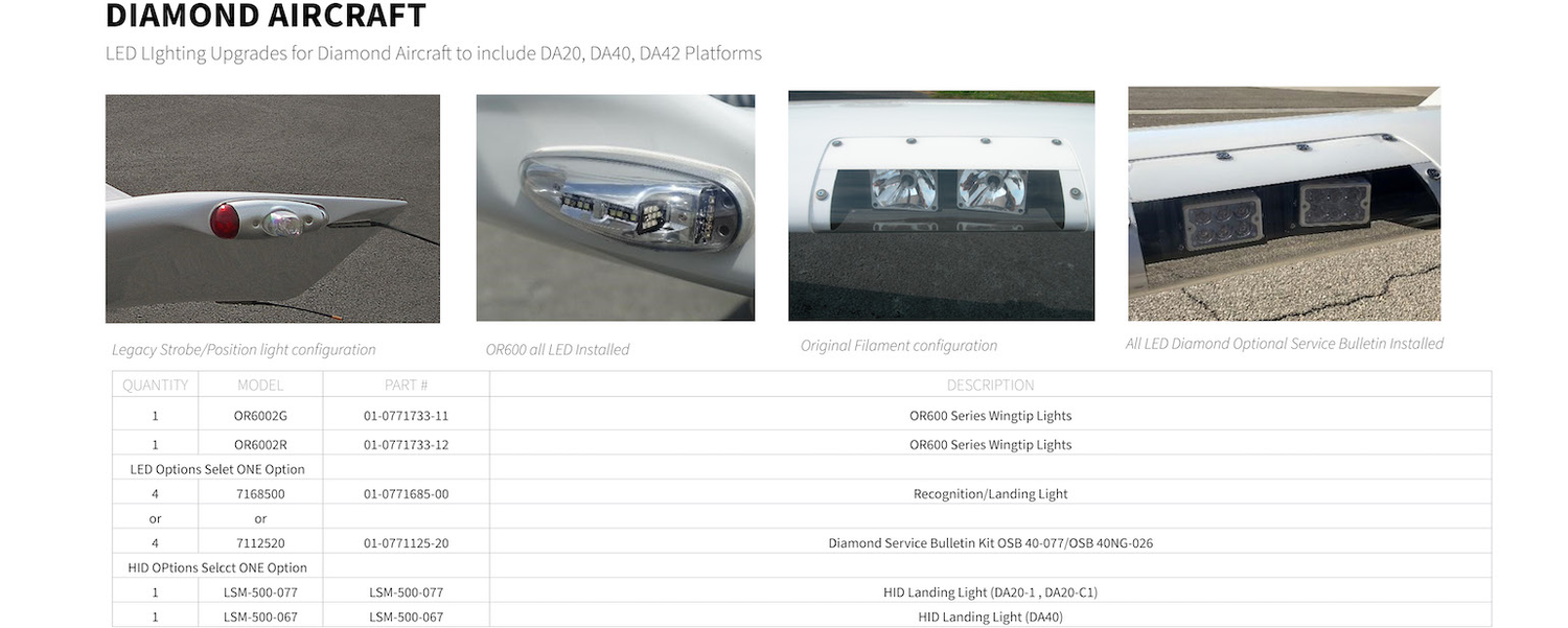 Diamond Aircraft LED Lighting Upgrade Chart