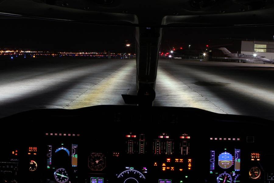 Landing Lights for Citation At Night Cockpit View