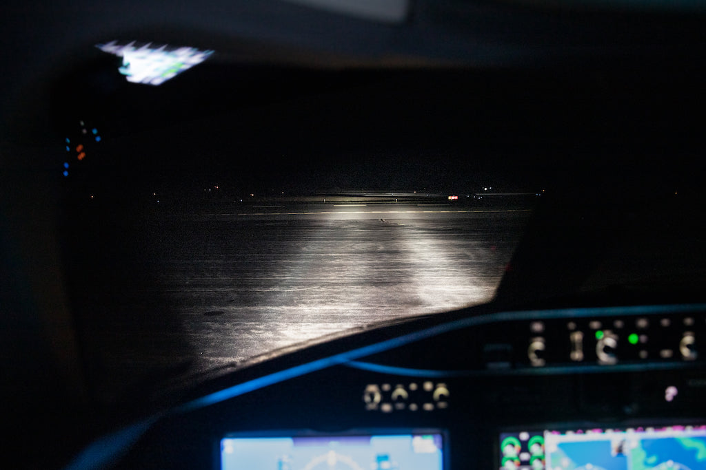 Landing Lights for Citation Aircraft Cock Pit View at Night